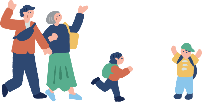 紅葉を楽しむシニア夫婦と自由に駆け回る孫のイラスト
